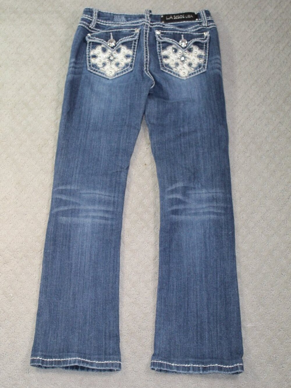 LA IDOL Sz 7 Rhinestone Heavy Stitching Bootcut Low Rise Flap Pocket Blue Jeans